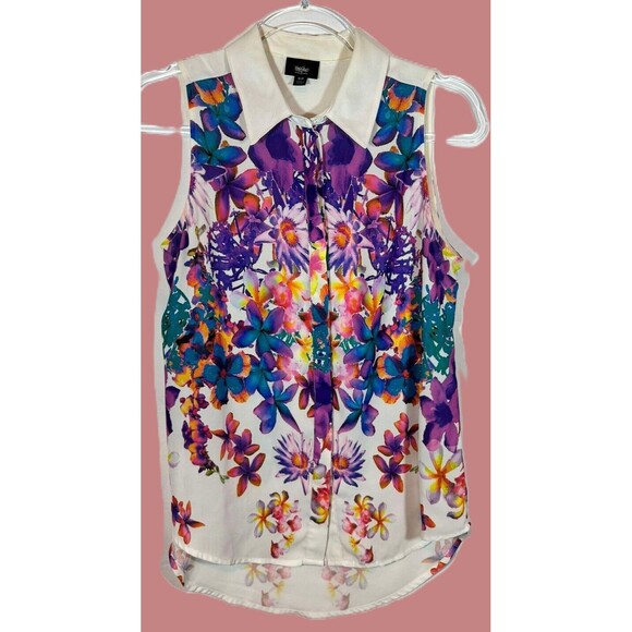 Tropical Print sleeveless blouse hi-low hem sz s/p - Semi sheer - Picture 1 of 4